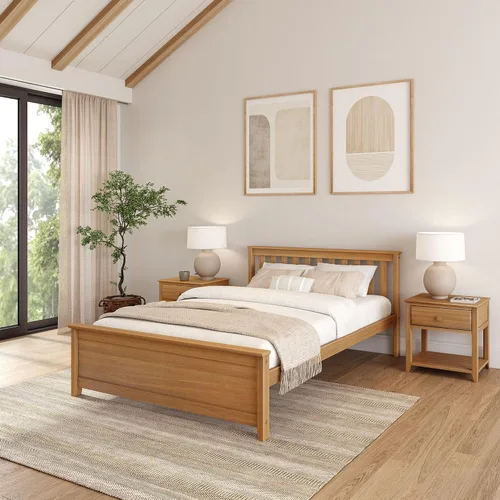 Vista 28 de Plank+Beam - Estructura de cama individual de madera maciza, cama de plataforma con cabecero, arcilla