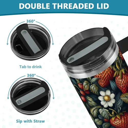 Vista 5 de Botella de agua de viaje de boca ancha con diseño de fresas de frutas, tapa a prueba de fugas y pajita, taza de té decorativa con tapa para agua, té