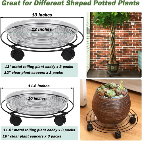 Vista 2 de Paquete de 6 estantes grandes de metal para plantas con ruedas de 13 y 11.8 pulgadas, soportes rodantes de hierro forjado de alta resistencia