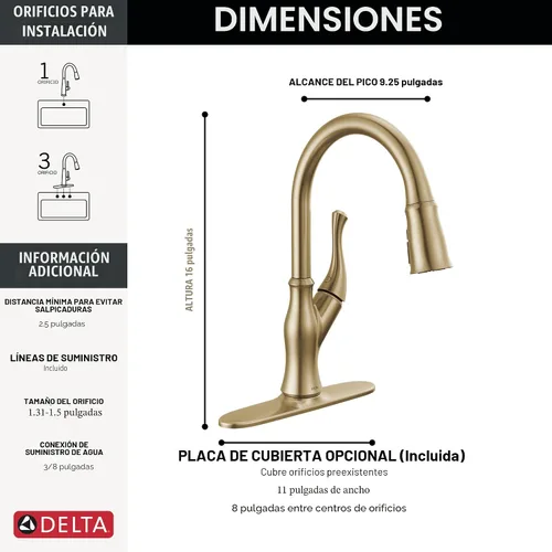Vista 4 de DELTA Ophelia - Grifo de cocina de oro cepillado con pulverizador extraíble, grifo de fregadero de cocina de un solo agujero moderno, una sola