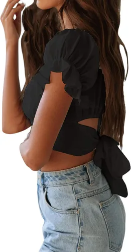 Vista 4 de LYANER - Blusa ombliguera para mujer de manga corta con volantes, nudo en la espalda y hombros descubiertos, blusa estilo Bardot