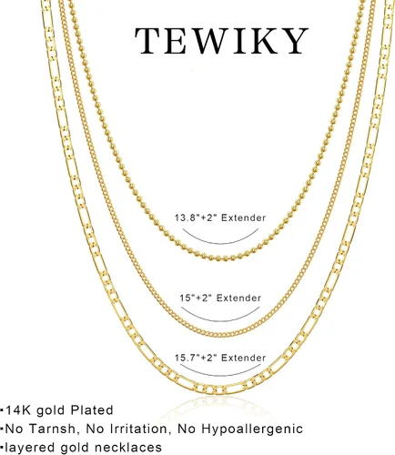 Vista 5 de Tewiky Layered Necklaces for Women Non Tarnish- Chunky 14k Gold Plated Herringbone/Snake/Rope/Box/Cuban Link Chain for Women Waterproof Layering