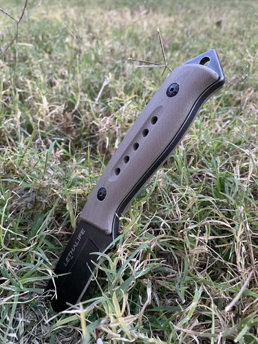 Vista 2 de Cuchillo táctico de caza de hoja fija - Espiga completa, marrón coyote
