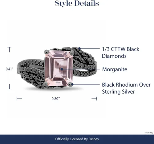 Vista 4 de Jewelili Enchanted Disney Fine Jewelry - Anillo de plata de ley con rodio negro sobre plata de ley de 0.354 x 0.276 in, morganita octágono y 13