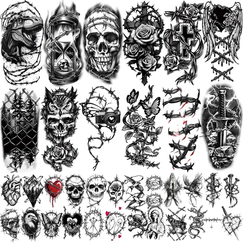 Vista 10 de 77 hojas de tatuajes temporales para mujeres y hombres, 17 hojas de tatuajes falsos grandes de ángel negro y diablo, 60 hojas de alas de corazón