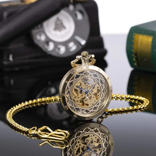 Vista 5 de ManChDa Reloj de bolsillo mecánico vintage negro con cadena para hombres + caja