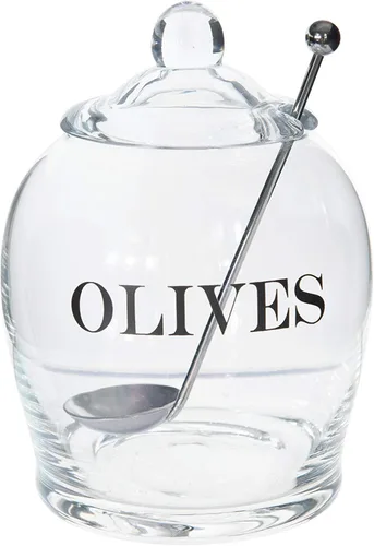 Vista 8 de Creative Co-Op Tarro de cristal transparente "OLIVE" con tapa y cuchara ranurada de acero inoxidable (juego de 3 piezas, incluye tapa)