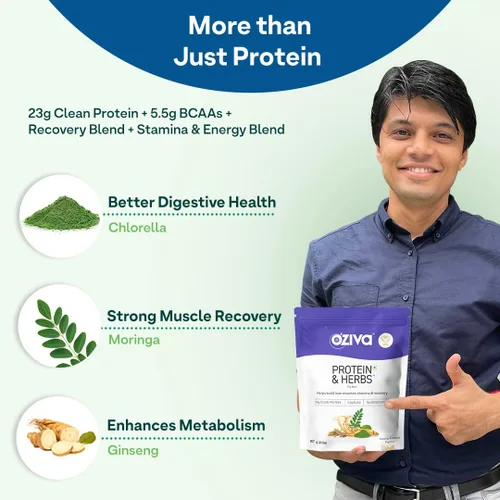 Vista 4 de OZIVA Proteína y hierbas para hombres, proteína de caramelo de plátano en polvo para hombres para construcción muscular, recuperación y mejor