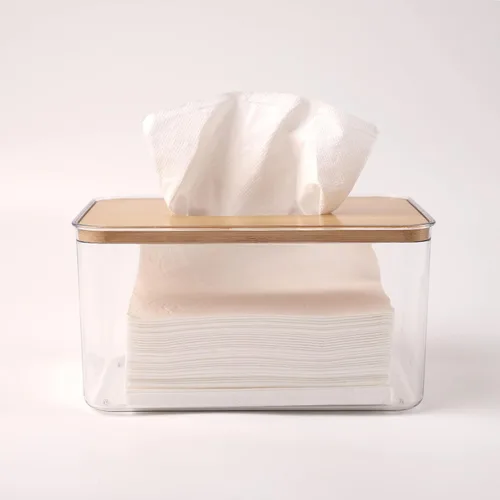 Vista 7 de Caja de pañuelos de acrílico, soporte de hojas de secadora de acrílico para lavandería, dispensador de hojas de secadora transparente de mesa