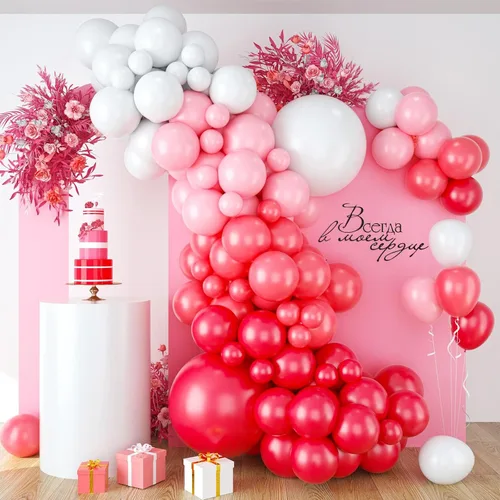 Vista 11 de Kit de arco de globos rosa y blanco, kit de guirnalda de globos de 100 piezas con globos rosa intenso, globos de látex blanco para niñas, niños