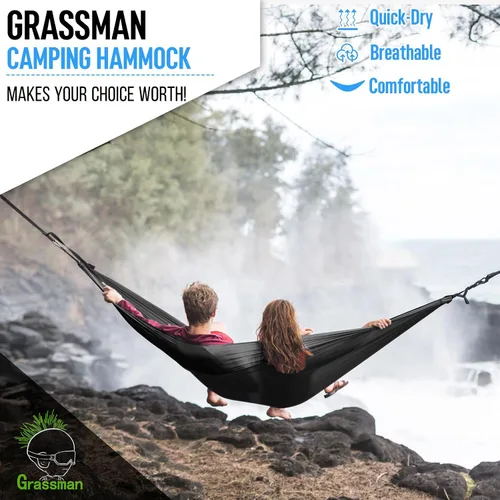 Vista 8 de Grassman Hamaca de camping doble y individual hamaca portátil con correas de árbol, hamacas de paracaídas de nailon ligero, accesorios de Negro &