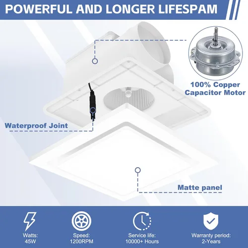 Vista 4 de Extractor de baño con luz, 141 CFM 0.7 Sones, diseño de cableado integrado