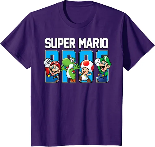 Vista 25 de Super Mario Bros Characters Letter Fill Graphic T-Shirt Camiseta, Negro