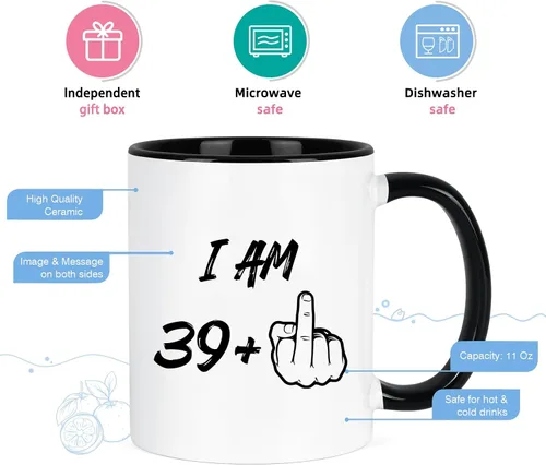 Vista 5 de YHRJWN - Regalos de cumpleaños número 40 para mujeres y hombres, taza de café I Am 39 Plus, regalos divertidos de cumpleaños para amigos, compañeras
