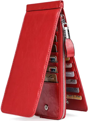 Vista 16 de Women's Genuine Leather Credit Card Holder RFID Long Zipper Purse Wallet 2-cera-rojo