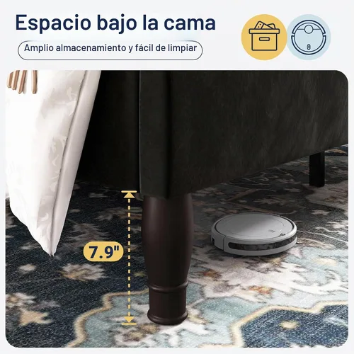 Vista 8 de Allewie Base de cama tamaño completo con cabecero de tiara de terciopelo ajustable, cama plataforma tapizada con botones de diamante capitoné Negro
