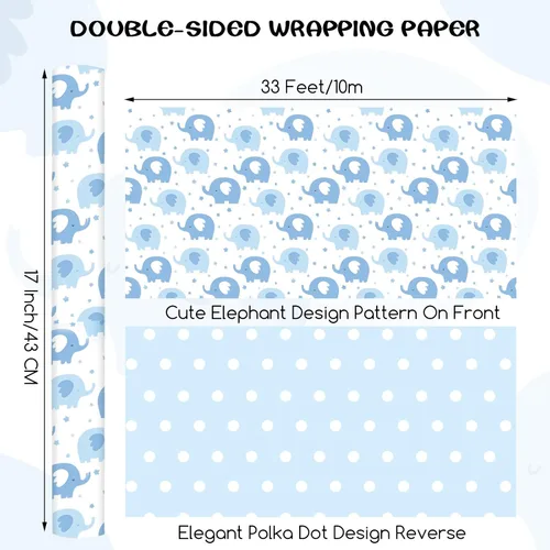 Vista 2 de woric Rollo de papel de regalo reversible para baby shower, de 17 pulgadas x 33 pies, papel de regalo para bebé niño con diseño de elefante azul