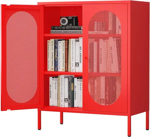 Vista 17 de Gabinete de almacenamiento de metal, soporte de TV de 2 puertas, armario decorativo con puertas y estante ajustable, armario de metal, mesita