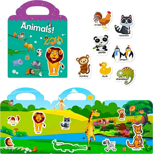 Vista 2 de Libro de calcomanías reutilizables para niños, calcomanías de animales, juguetes educativos de aprendizaje, calcomanías de viaje, libros