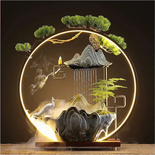 Vista 9 de Fuentes de agua de Buda para interiores y cascadas con 2 estatuas de Buda, fuente de agua de niebla con soporte de incienso de reflujo