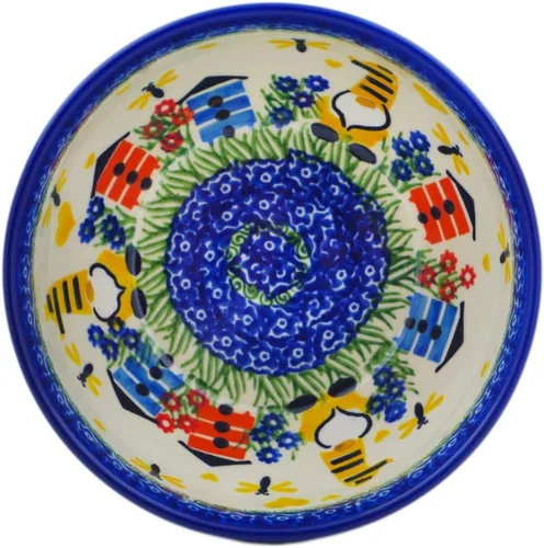 Vista 2 de Auténtico cuenco de cerámica polaca de 6 pulgadas Signature UNIKAT en diseño de gnomo de apicultor hecho a mano en Bolesławiec Polonia por Ceramika