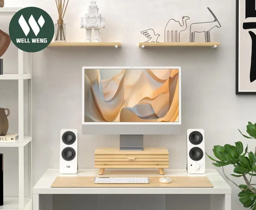 Vista 7 de Soporte de bambú para monitor con cajón, organizador de escritorio con organización y almacenamiento de cables, elevador ergonómico para laptop