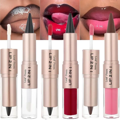 Vista 27 de BAISEN DIARY 2 en 1 doble punta mate delineador de labios y brillo de labios, lápiz combinado de labios marrón nude degradado, delineador de labios