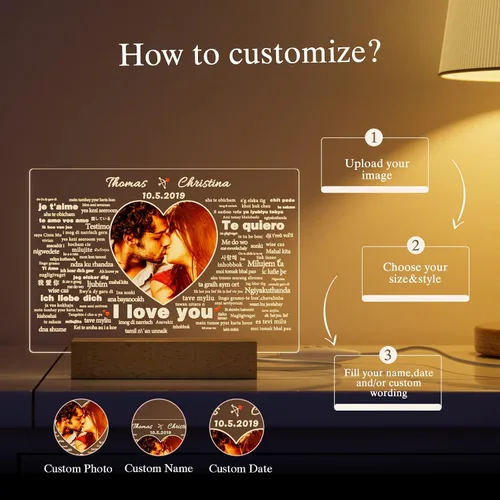 Vista 7 de Bemaystar Regalos personalizados para novia, novio, 100 idiomas con texto en inglés "I Love You", luz nocturna con imagen, aniversario, San