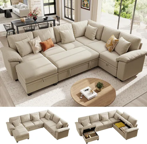 Vista 14 de Ihanherry Sofá modular de 86 pulgadas con cama extraíble, sofá cama modular en forma de L de 4 plazas con otomana de almacenamiento, sofás Verde
