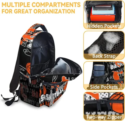 Vista 6 de Mochila de baloncesto para niños y niñas, mochilas negras de 16 pulgadas para viajes escolares, mochila ligera y fresca para niños, Baloncesto-1