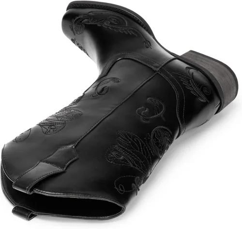 Vista 2 de DREAM PAIRS Botas vaqueras de media pantorrilla para mujer, botas vaqueras bordadas cosidas con punta cuadrada, botas occidentales