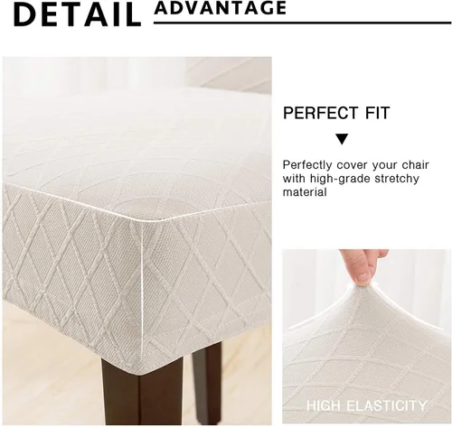 Vista 4 de Funda elástica universal para silla de comedor, diseño moderno de rombos jacquard, lavable, extraíble, funda suave y elástica (2, color blanco crema)