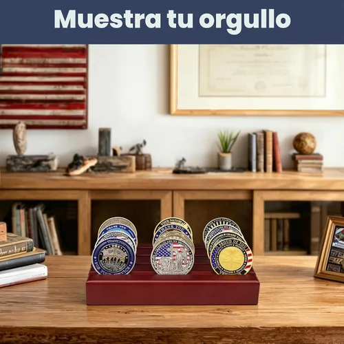 Vista 7 de ASmileIndeep Expositor de monedas de desafío militar pequeño de madera maciza, soporte para monedas con capacidad para 10-12 monedas, soporte