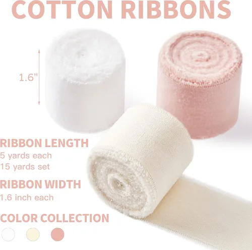 Vista 2 de Keypan Cinta rosa y blanca de 1-1/2 x 15 yardas hechas a mano de algodón deshilachado con flecos, para manualidades, ramos de flores, boda, baby