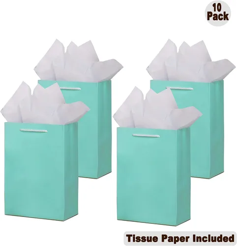 Vista 9 de SHIPKEY Paquete de 10 bolsas de regalo verde aguamarina con papel de seda bolsa de regalo de dama de honor de 8 x 4 x 11 pulgadas, bolsa de papel