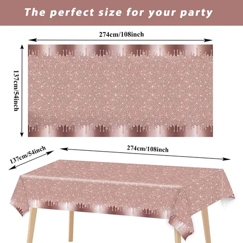 Vista 6 de 3 manteles de lentejuelas rosas y doradas para fiesta de cumpleaños, cubierta de mesa de oro rosa, diamantes con purpurina, fondo de feliz
