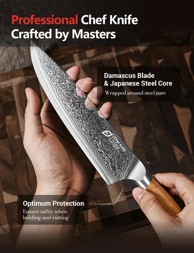 Vista 8 de Cuchillo de chef de Damasco en acero japonés, cuchillo de cocina de Damasco de 67 capas con caja de regalo de madera y mango de madera de olivo
