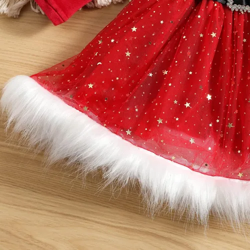 Vista 5 de Vestido de Papá Noel para bebé, vestido de Navidad rojo, disfraz de señora Claus para niñas, vestido de fiesta de Navidad de franela de manga larga