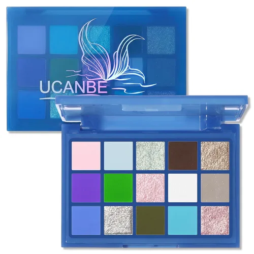 Vista 8 de UCANBE Paleta de sombras de ojos de 15 colores – Kit de maquillaje para ojos con brillo mate, purpurina metálica, tonos frescos en blanco, azul