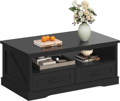 Vista 10 de WLIVE - Mesa de café con estante de almacenamiento, mesa de café granja de 39.4" con soporte en V, mesa de centro rústica de 2 niveles para sala