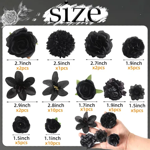 Vista 2 de rongflower Cabezas de flores falsas para manualidades, rosas artificiales de seda negra, peonías, margaritas y cabezas florales (paquete de 48)