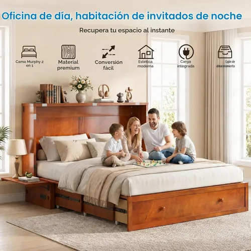 Vista 6 de Mjkone Armario de cama Queen Murphy, cama de pecho Murphy con cajón de almacenamiento, estación de carga USB, panel de noche, camas convertibles