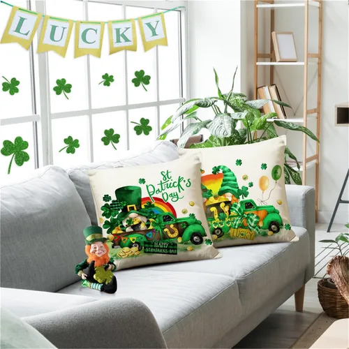 Vista 4 de NIGHTWISH Juego de 4 fundas de almohada del Día de San Patricio de 16 x 16 pulgadas, diseño de gnomo de camión de trébol, decoración del día de San