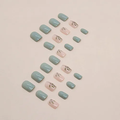 Vista 4 de Uñas postizas a presión de forma de ataúd de longitud corta, 24 piezas, uñas postizas brillantes de cobertura completa reutilizables con pegamento