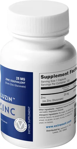 Vista 4 de Suplemento de zinc Gluzin™ 25 mg Gluconato de zinc Etiqueta limpia, 120 cápsulas vegetarianas pequeñas Opción suave y de dosis baja para apoyo