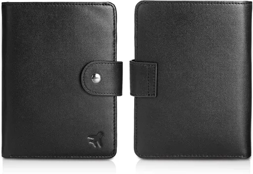Vista 5 de Polare - Cartera de pasaporte de viaje plegable de cuero de grano completo para hombre, delgada con bloqueo RFID, Negro -, Slim