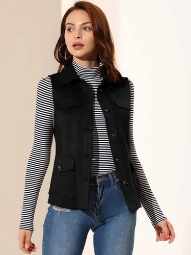 Vista 3 de Allegra K Chaleco de gamuza sintética para mujer, chaqueta sin mangas con botones y bolsillo tipo cargo