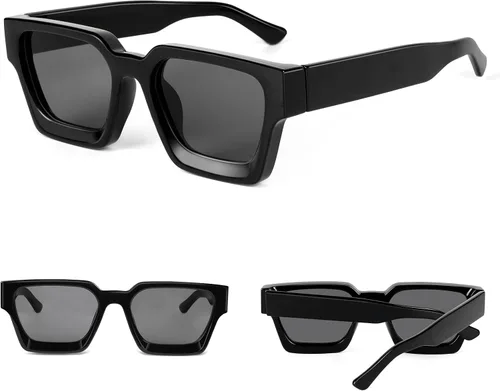 Vista 6 de Rtuerfik Lentes de sol de montura gruesa, estilo vintage, cuadrados, para mujeres y hombres, lentes de sol gruesos de moda, tonos negros de moda