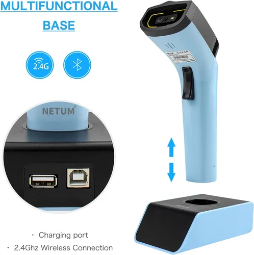 Vista 8 de Escáner de código de barras inalámbrico Bluetooth 2D automático, lector de código de barras manos libres con base de carga y memoria incorporada