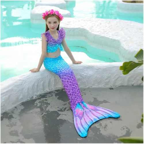 Vista 2 de zocapuy Traje de baño de cola de sirena para niñas y niños, disfraz de princesa, traje de baño para fiesta (sin monoaleta)